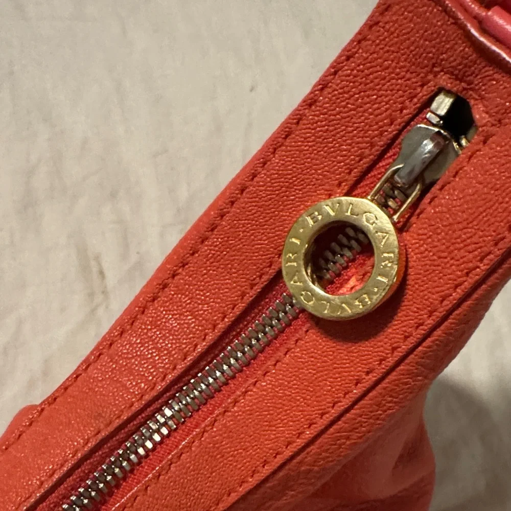 Bulgari Pebbled Leather Shoulder Bag – Coral / Poppy Red